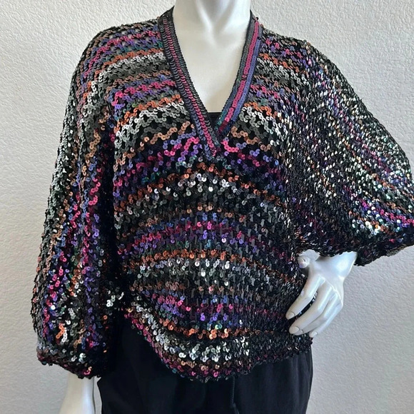 Harry Action Sweaters - Vintage 70s Harry Acton for party collectibles Woven Black Sequin Blouse…